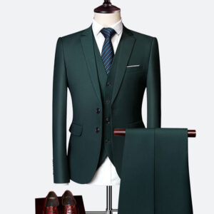 Solid Color Single Breasted Men Suit Elegant 3 Piece Blazer Set-green
