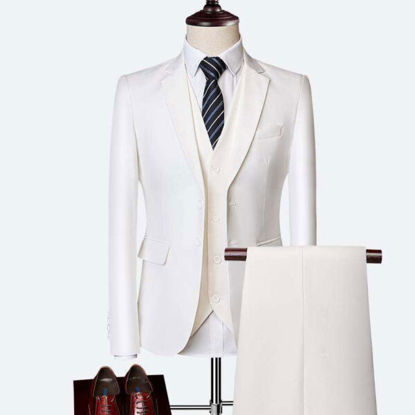 Solid Color Single Breasted Men Suit Elegant 3 Piece Blazer Set-white