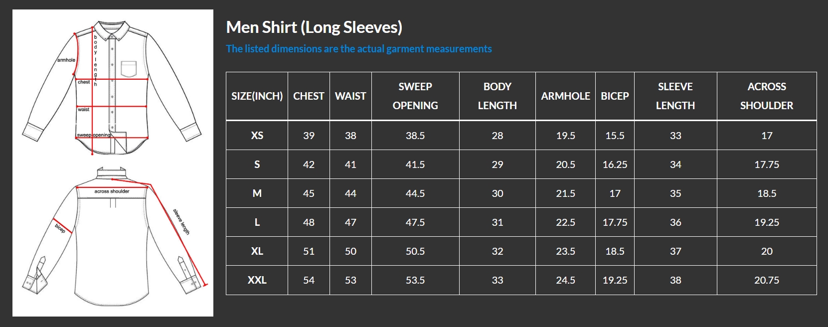 long sleeve men shirt size chart