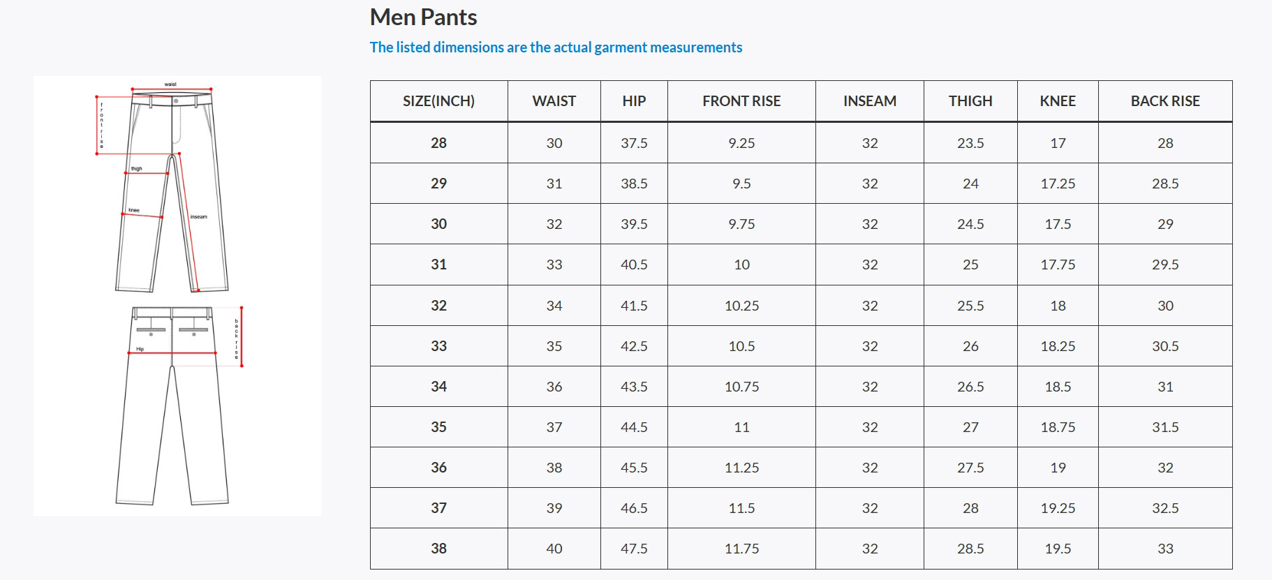 men formal pants size chart