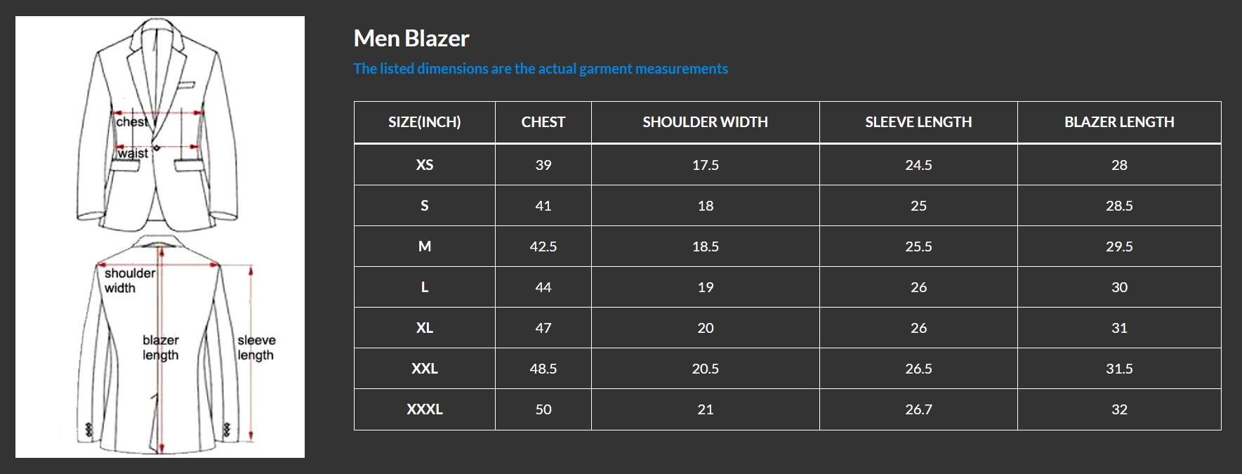 men blazer size chart