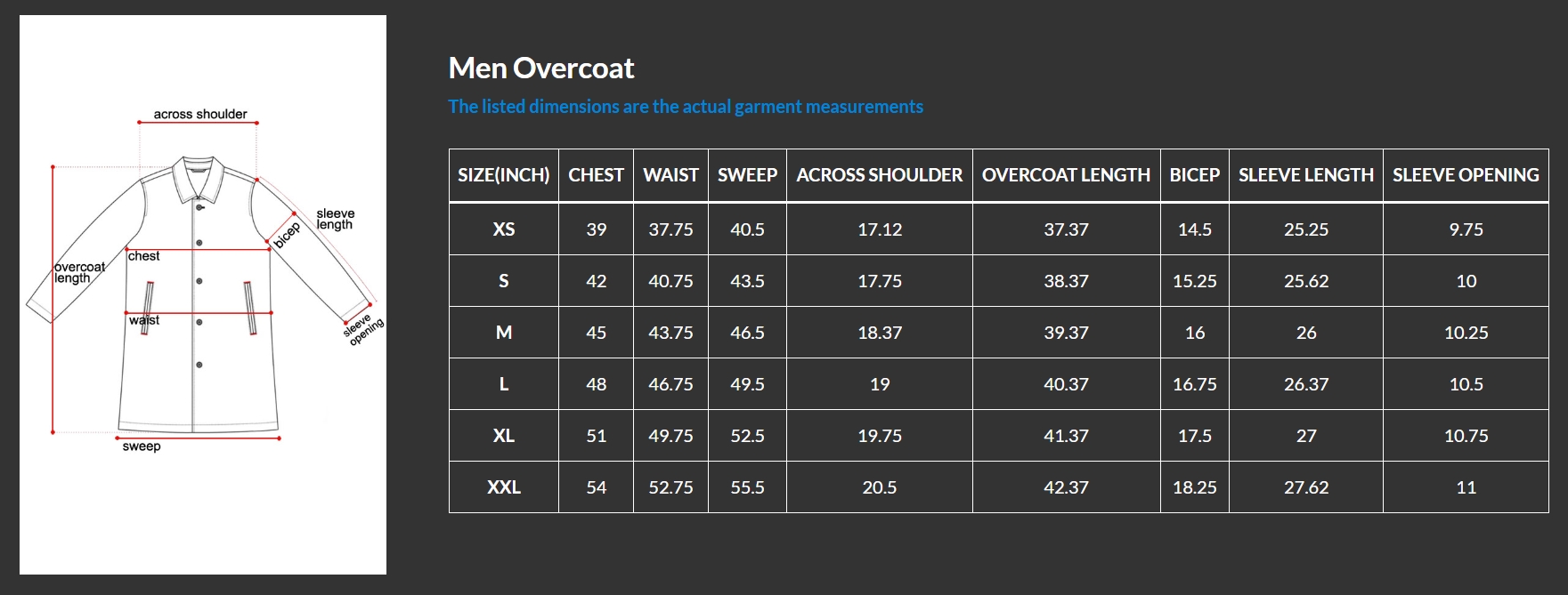 overcoat size chart